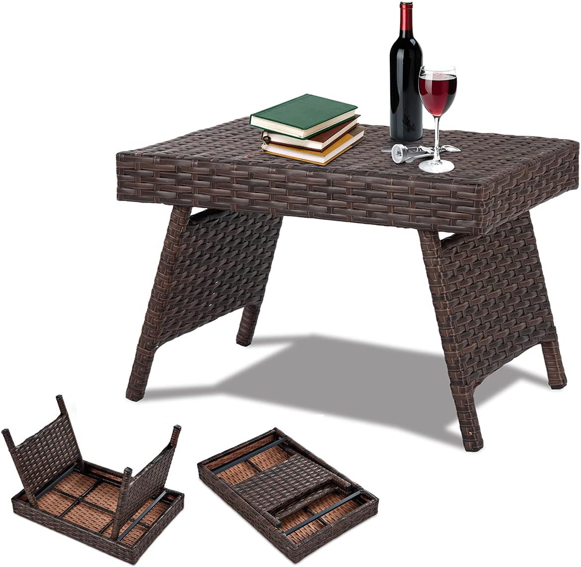 Tavolino Pieghevole da Giardino in Rattan con Gambe Ribaltabili Antiscivolo 60x40x40 cm Marrone per Balcone e Piscina