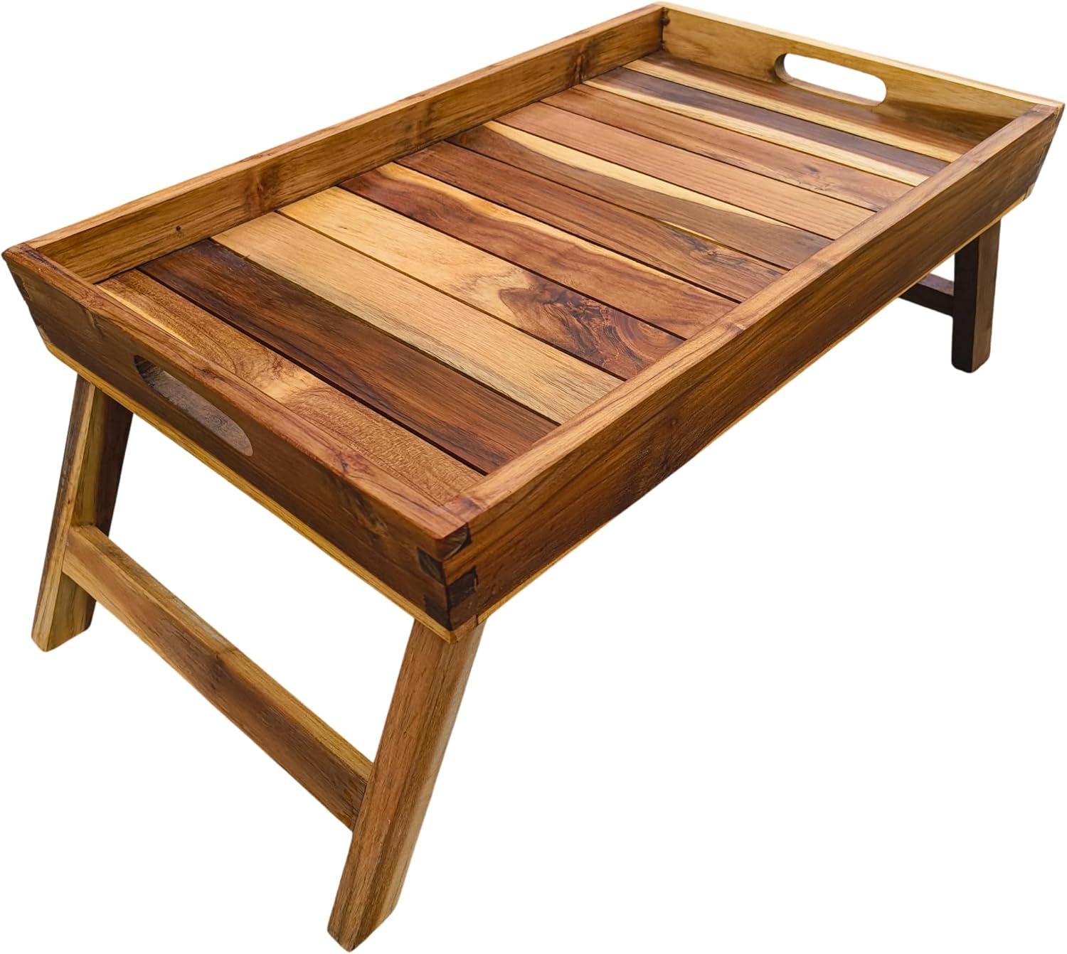 Tavolino basso richiudibile in teak per esterno con bordo contenitivo 70 x 36 x 25 cm per piscina e barca