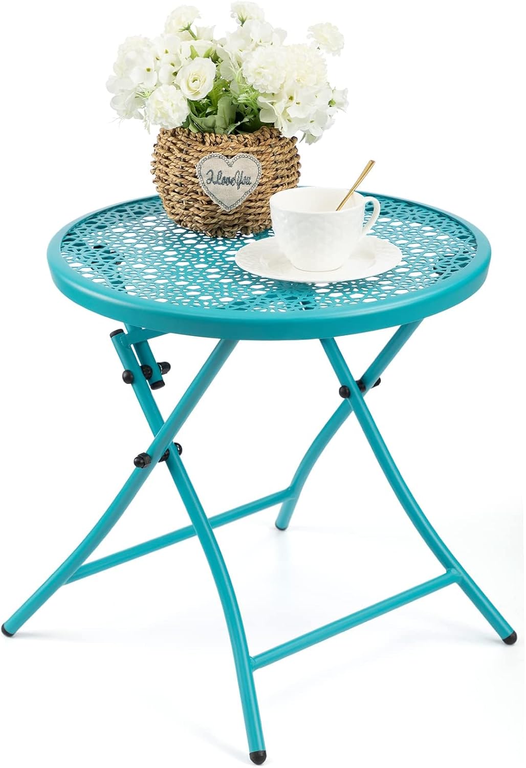 Tavolino Rotondo Pieghevole da Esterno in Metallo Antiruggine con Decorazioni Floreali Blu per Giardino e Balcone